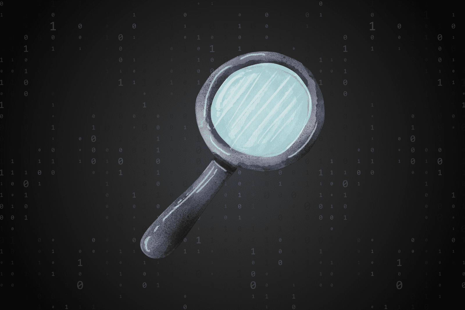 A watercolor rendition of a magnifying glass over a black background with ones and zeros.