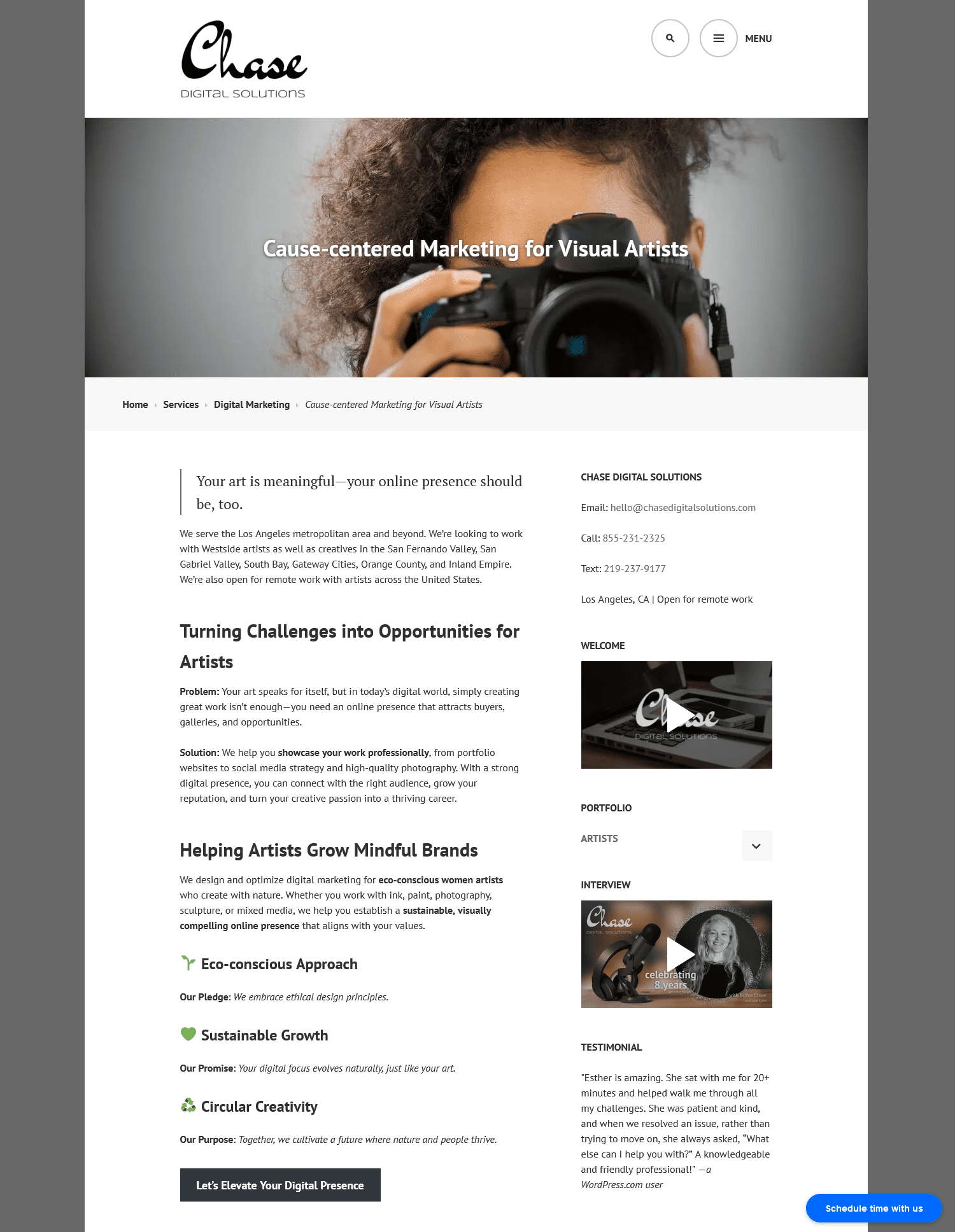 Screenshot of an SEO landing page to attract visual artist clients