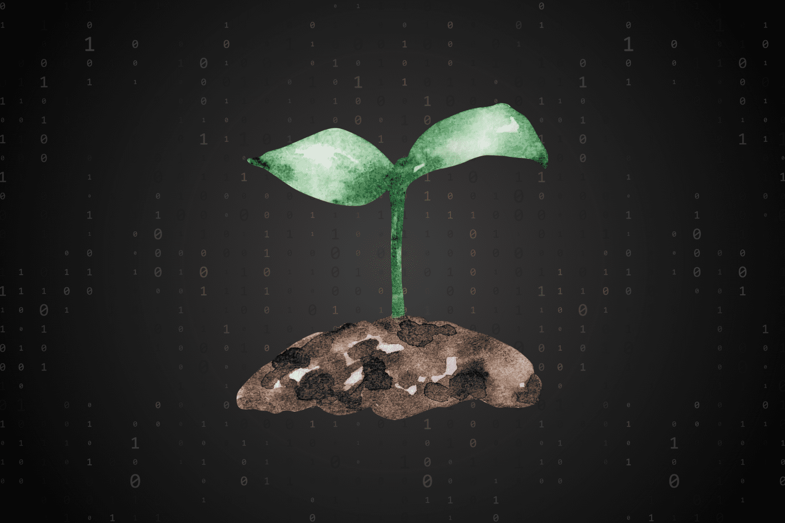 a watercolor sprout planted in soil before a digital themed background of 1's and 0's